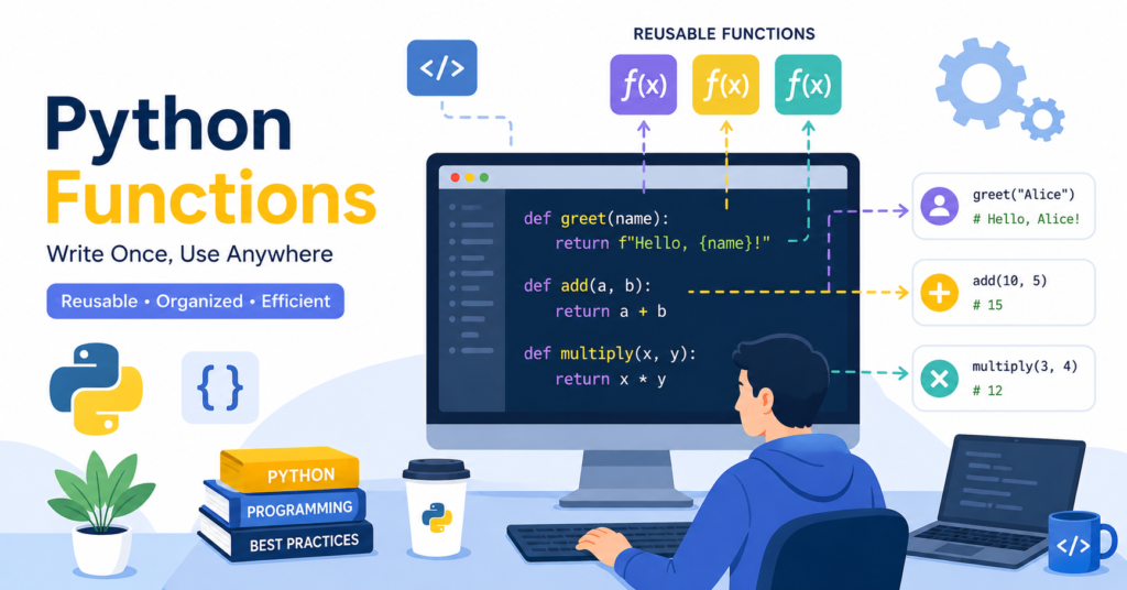 # Python Functions: A Complete Beginner's Guide **Meta Title:** Python Functions: A Complete Beginner's Guide for New Programmers Have you ever found yourself writing the same Python code over and over again? If yes, then it's time to learn one of the most useful concepts in programming: **Python functions**. Python functions help you organize your code, avoid repetition, and make your programs easier to read and maintain. In this beginner-friendly guide, you'll learn what functions are, why they matter, and how to create and use them with simple examples. ## What Are Python Functions? A **Python function** is a reusable block of code that performs a specific task. Instead of writing the same instructions multiple times, you can place them inside a function and call that function whenever you need it. Think of a function like a coffee machine. You press a button, and the machine performs a series of steps to make your coffee. You don't need to know every internal step each time—you simply use the function. Functions make your programs: * Easier to understand * Faster to write * Simpler to maintain * More organized * Reusable across different projects ## Why Should Beginners Learn Python Functions? Many beginners start by writing everything in one long script. That works for small programs, but as your code grows, it quickly becomes confusing. Using Python functions solves this problem by breaking a program into smaller, manageable pieces. Some key benefits include: * Reduces duplicate code * Makes debugging easier * Improves readability * Encourages clean programming habits * Makes teamwork easier on larger projects Learning functions early will save you hours of frustration later. ## How to Create a Function in Python Creating a function is simple. Python uses the `def` keyword. ```python def greet(): print("Hello, welcome to Python!") ``` Nothing happens yet because we've only defined the function. To run it, call the function like this: ```python greet() ``` Output: ```text Hello, welcome to Python! ``` That's your first Python function. ## Understanding Function Parameters Functions become much more useful when they accept information. This information is called a **parameter**. Example: ```python def greet(name): print("Hello,", name) ``` Now call the function: ```python greet("Ali") greet("Sara") ``` Output: ```text Hello, Ali Hello, Sara ``` Instead of creating separate functions for every person, one function works for everyone. ## Returning Values from Python Functions Sometimes a function should give something back instead of printing it. For that, Python uses the `return` statement. Example: ```python def add(a, b): return a + b ``` Now use it: ```python result = add(10, 5) print(result) ``` Output: ```text 15 ``` The `return` keyword allows you to store the result and use it later in your program. ## Python Function Example: Calculating Student Grades Let's build a simple real-world example. ```python def calculate_total(math, science, english): return math + science + english marks = calculate_total(80, 75, 90) print("Total Marks:", marks) ``` Output: ```text Total Marks: 245 ``` Imagine using this function for hundreds of students. Instead of writing the calculation repeatedly, one function handles everything. That's the true power of Python functions. ## Built-in vs User-Defined Functions Python already includes many built-in functions that you use every day. Examples include: ```python print() len() input() sum() max() min() type() ``` You can also create your own, known as **user-defined functions**. Example: ```python def square(number): return number * number ``` Now you have your own reusable tool. ## Keyword Arguments and Default Parameters Python functions also allow flexibility. ### Default Parameter ```python def greet(name="Friend"): print("Hello", name) ``` Calling: ```python greet() ``` Output: ```text Hello Friend ``` Or: ```python greet("Ahmed") ``` Output: ```text Hello Ahmed ``` ### Keyword Arguments Instead of remembering the order, you can write: ```python def student(name, age): print(name, age) student(age=18, name="Ali") ``` Python automatically matches the values. ## Best Practices for Writing Python Functions As you continue learning Python, following good habits will make your code much cleaner. Here are a few practical tips: * Keep each function focused on one task. * Use meaningful function names. * Avoid writing very long functions. * Add comments when necessary. * Return values instead of printing whenever possible. * Test your functions with different inputs. These habits make your programs easier to improve later. ## Common Mistakes Beginners Make Everyone makes mistakes while learning Python. Here are a few common ones. ### Forgetting to Call the Function Writing: ```python def hello(): print("Hi") ``` doesn't display anything until you call: ```python hello() ``` ### Missing Indentation Python relies on indentation. Incorrect: ```python def hello(): print("Hi") ``` Correct: ```python def hello(): print("Hi") ``` ### Forgetting the Return Statement If you expect a value back, don't forget `return`. Without it, the function returns `None`. ## When Should You Use Functions? A simple rule is this: If you're copying and pasting the same code more than once, create a function. Functions are commonly used for: * Calculating totals * Validating user input * Processing files * Creating menus * Working with databases * Building web applications * Automating repetitive tasks Once you start using functions regularly, your code becomes much more professional. ## Final Thoughts Learning **Python functions** is one of the biggest steps toward becoming a confident programmer. Functions help you write cleaner code, reduce repetition, and solve problems more efficiently. Don't worry if the idea feels new at first. Start by creating small functions, experiment with parameters and return values, and gradually use them in larger programs. The more you practice, the more natural they will become. The best way to master Python functions is by writing your own examples. Try creating functions for simple calculations, greetings, or games, and challenge yourself to reuse them in different programs. Every small project will strengthen your understanding and improve your coding skills.